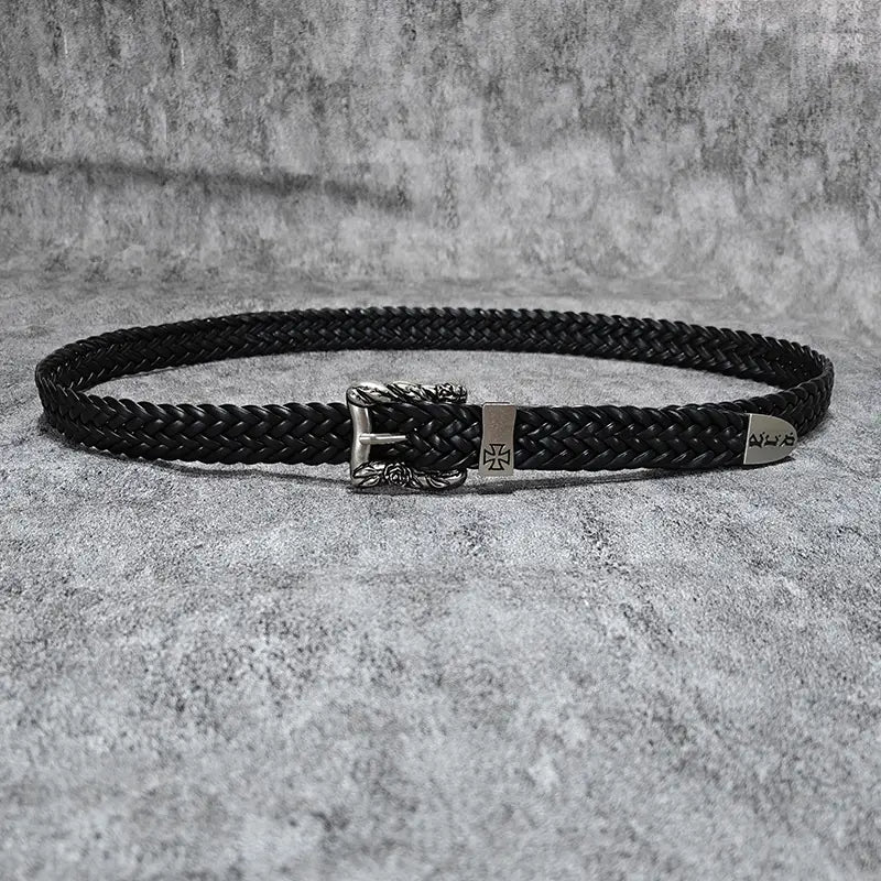 Black braided leather fashion belt male with silver-toned ornate dragon-inspired buckle and engraved metal plates for luxury designer punk style.