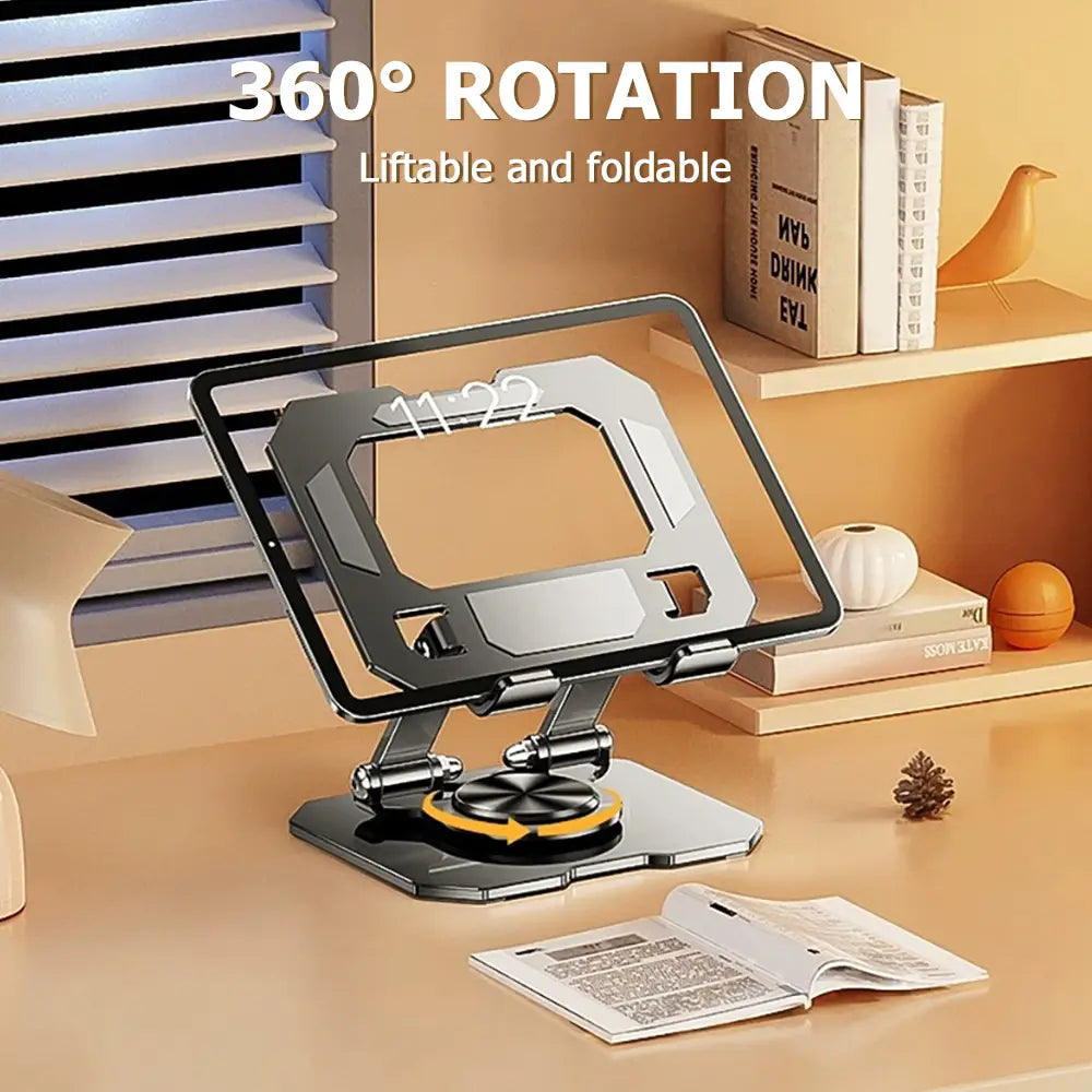 Black and silver rotatable tablet stand adjustable with 360-degree rotation and magnetic base, designed as a stand adjustable foldable for versatile device support.
