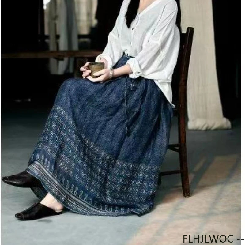 Bohemian Ethnic Style Lined Soft Linen Skirts Retro Vintage Cute Sweet Girls Blue Classic Thai Style Long Maxi Skirt