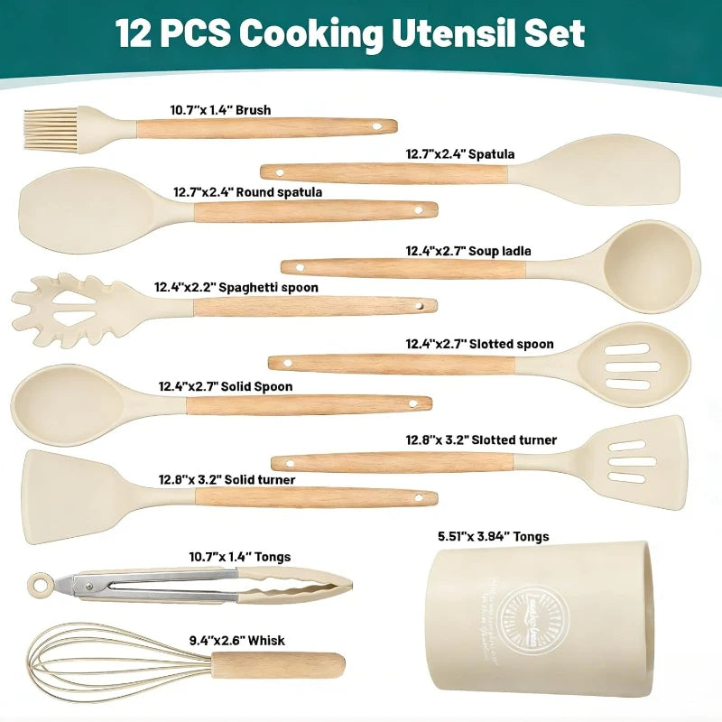 Wooden Handle Silicone Kitchen Utensils Set 14 Pieces Non-stick Cookware Tools with Storage Bucket Cooking Gadgets Organizer Set