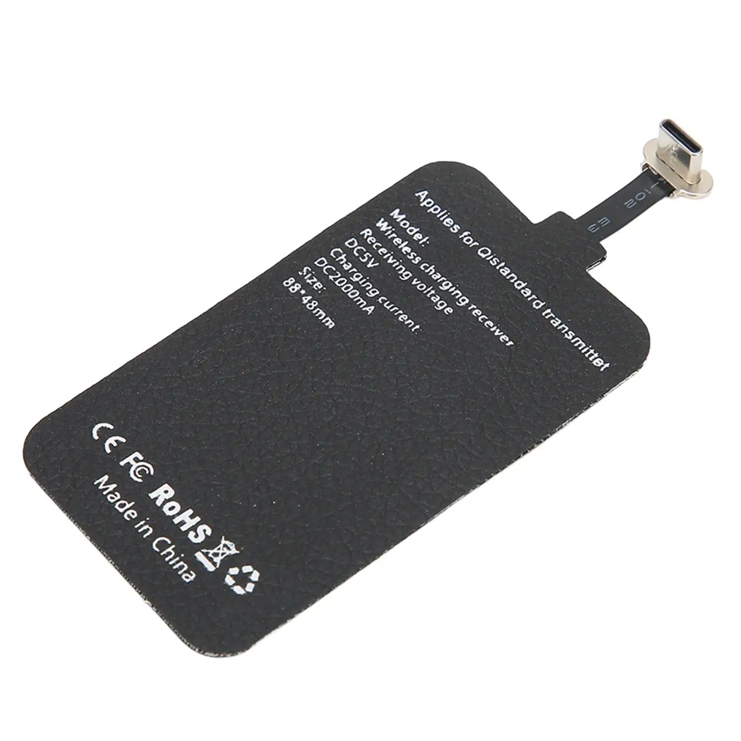 Black textured wireless charging receiver pad with usb-c connector for wireless charging with 10w power capacity