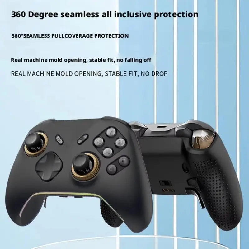 Black Xbox controller silicone protective case skin with gold-colored analog sticks and buttons and a textured grip surface.