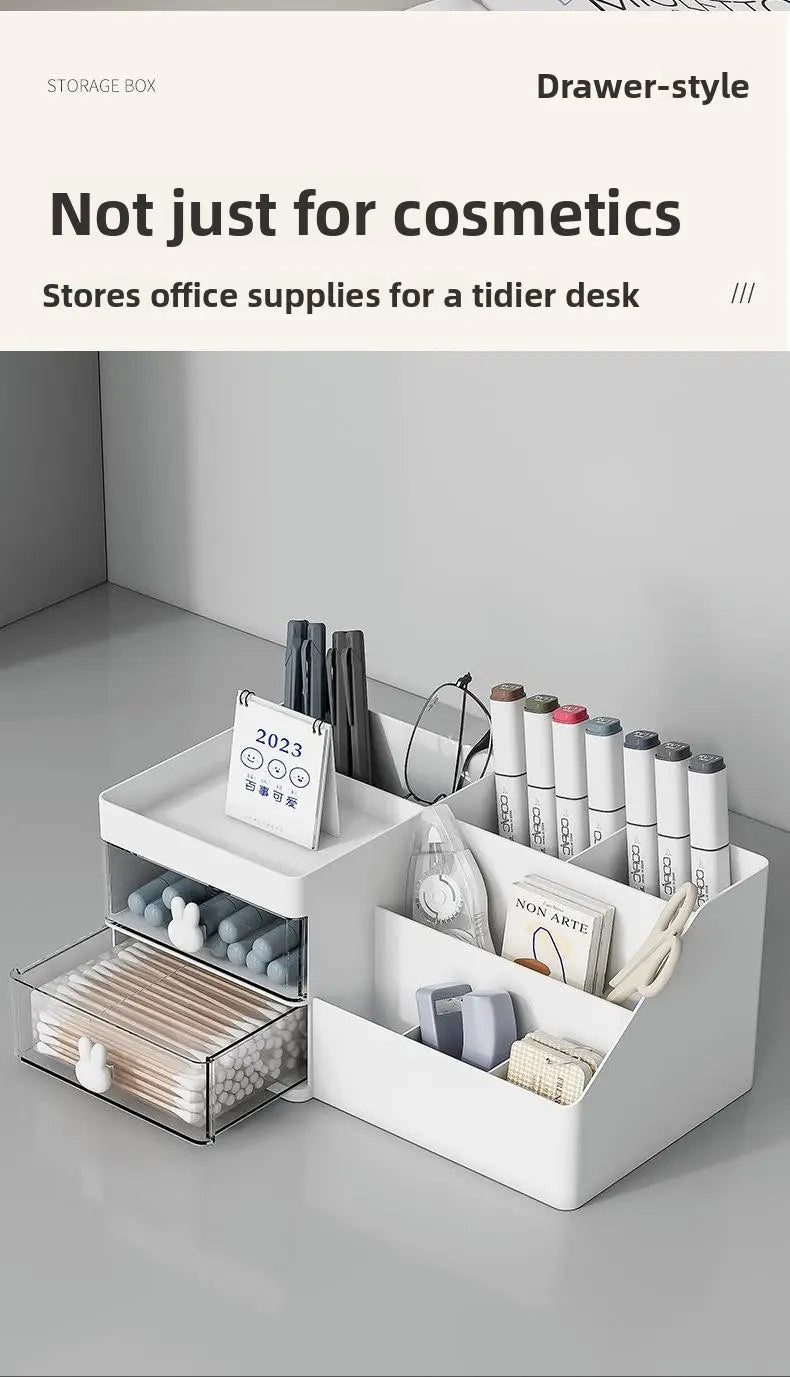 White drawer style storage box with large capacity multiple compartments and a clear plastic front panel in modern minimalist style cream organizer with bunny handle