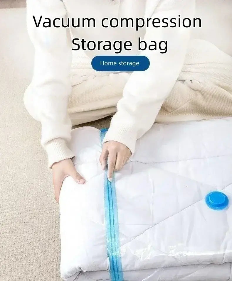 white vacuum bag for clothes with blue zipper and button seal designed for vacuum compression storage.
