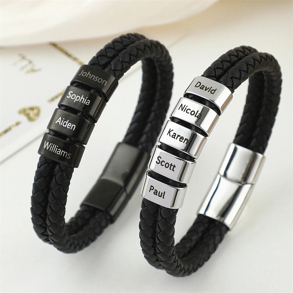 Fathers Day Gift Personalized Men's Leather Bracelet Custom Engraved Kid Names Beads Bracelets for Dad Husband Punk Jewelry Boy