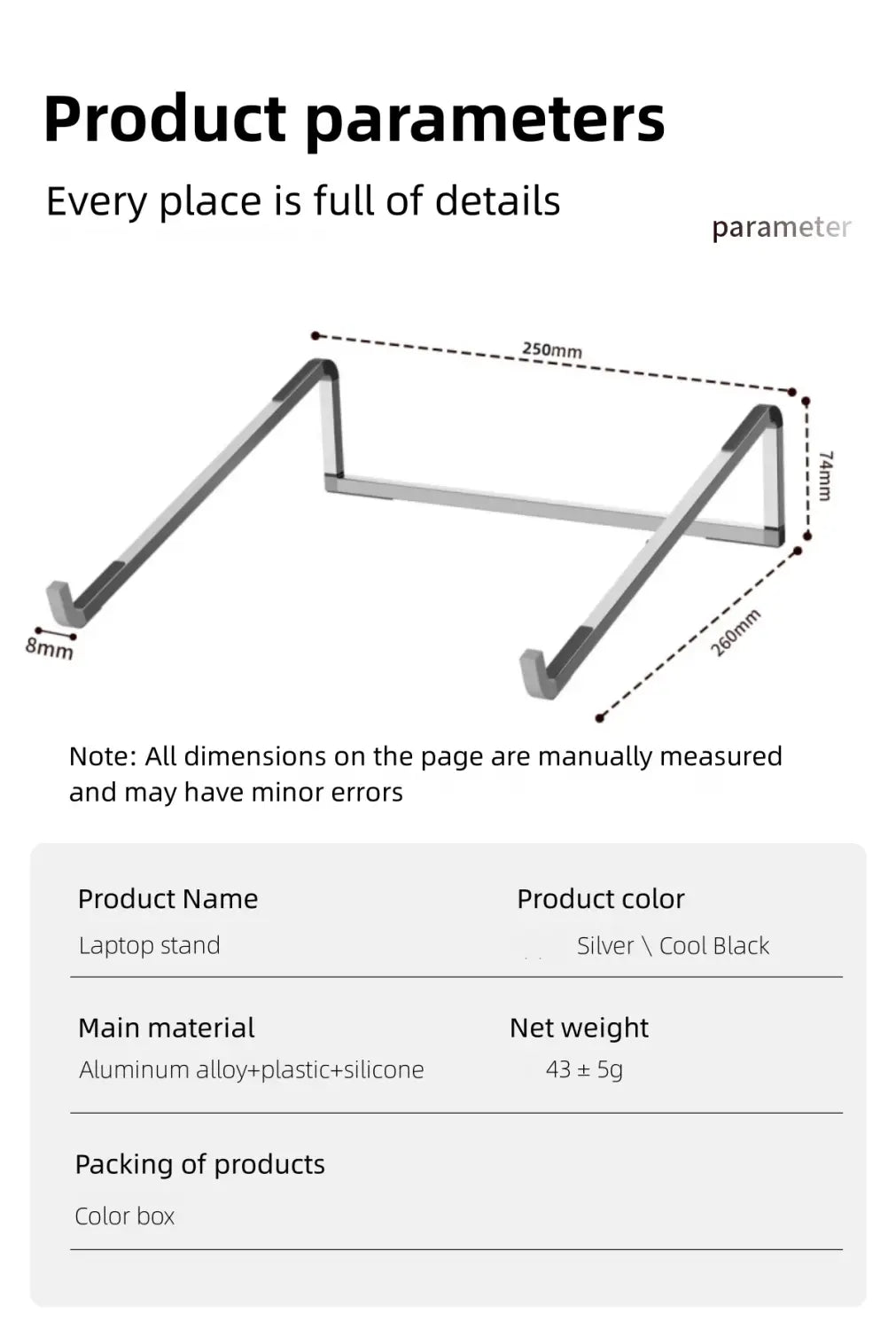 soporte ajustable para portátil de aluminio ergonómico con soporte plegable en plata o negro, con acentos de plástico y silicona para un uso estable del portátil