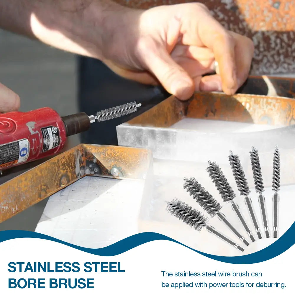 Set of stainless steel wire bore brushes in varying lengths and diameters designed for use with power tools to remove burrs from metal workpieces.