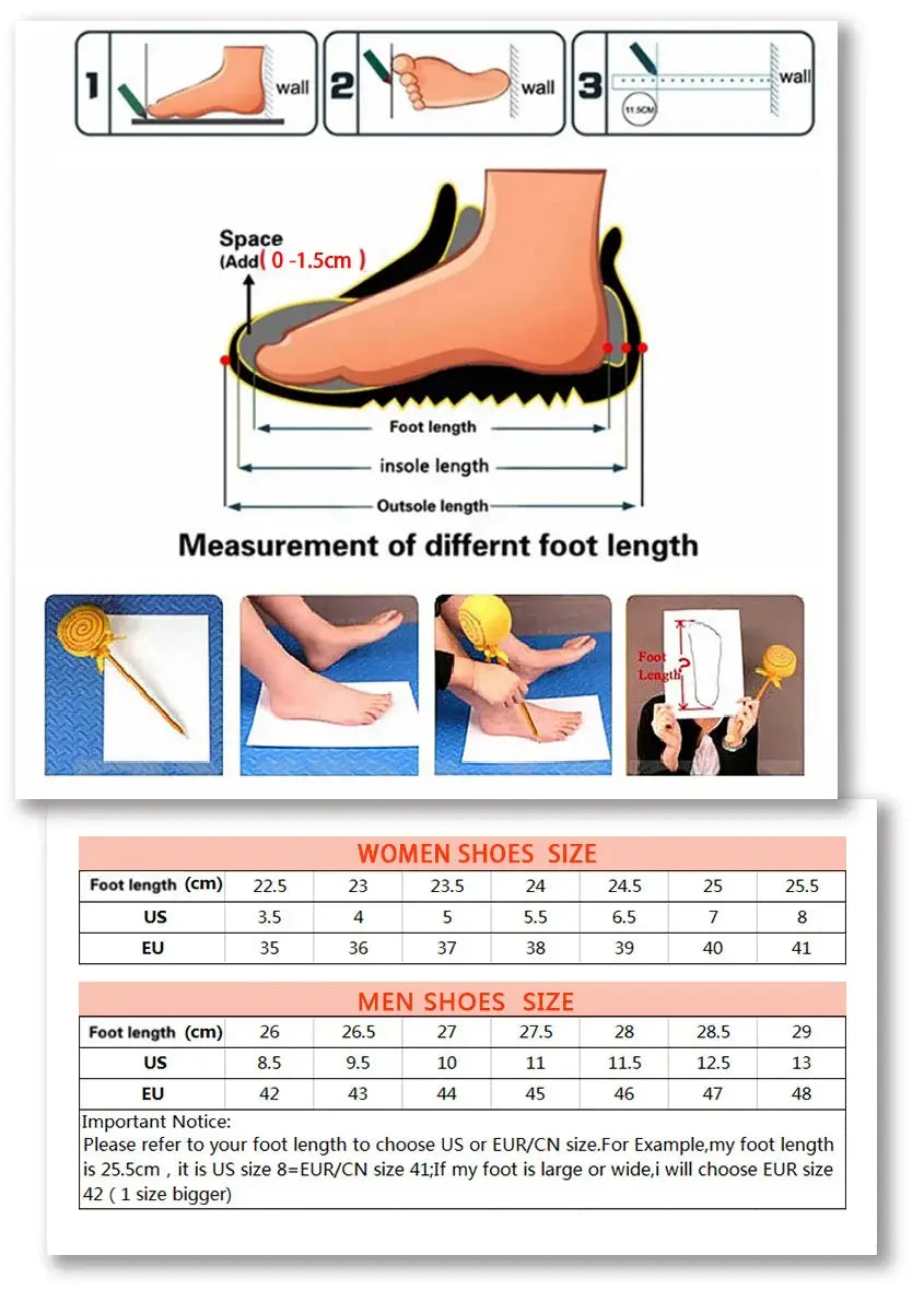 L’image présente un guide de mesure détaillé des pointures de chaussures pour femmes et pour hommes dans les systèmes américains et européens, ainsi que des chaussures de ville en cuir pour homme à enfiler.