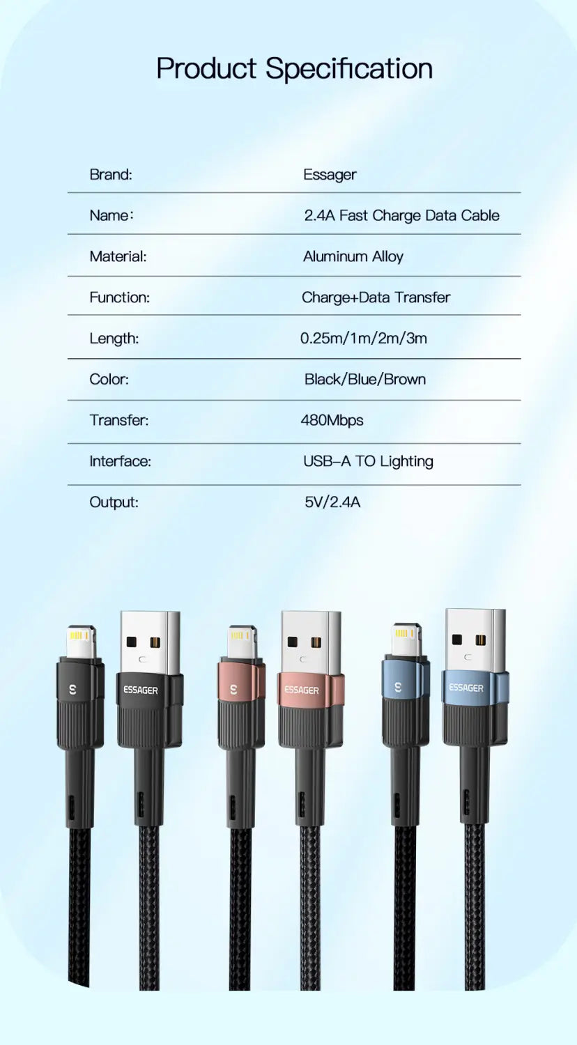 Essager iPhone-Schnellladekabel 2,4 A mit Anschlüssen aus Aluminiumlegierung und geflochtenem Kabel, erhältlich in Schwarz, Blau oder Braun, für die USB-A-auf-Lightning-Schnittstelle in verschiedenen Längen.