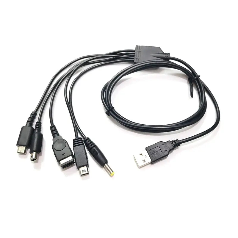 Black 5 in 1 multi console USB charging cable with a USB-A connector and several smaller connectors including micro-USB, mini-USB, and DC power jack for versatile device charging.