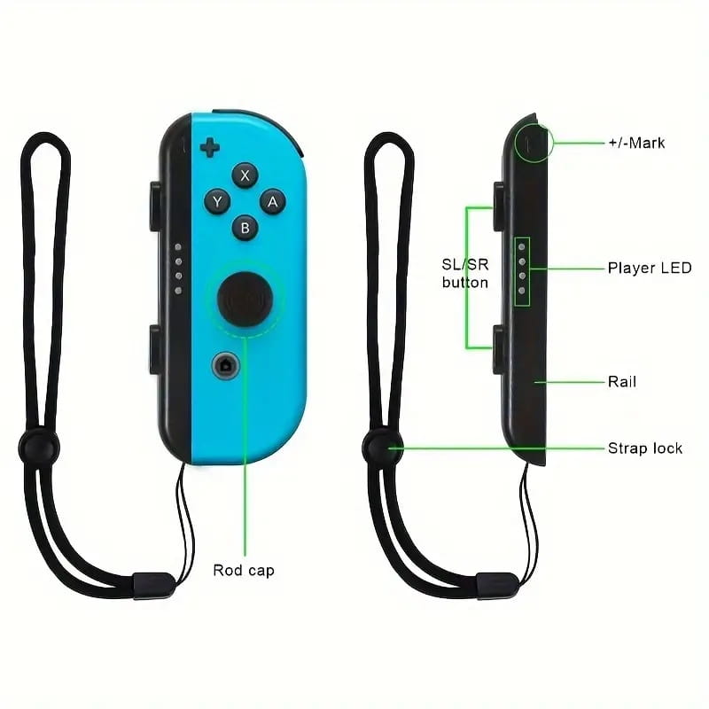 Leuchtendblauer Nintendo-Switch-Joy-Con-Controller mit schwarzen Akzenten und Handgelenkriemen, der an einem Greifhalter für sicheres Spielen angebracht ist.