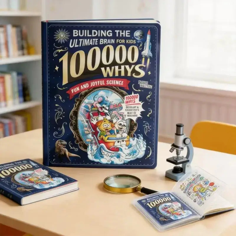 Ein blaues Hardcover-Kinder-Sachlexikonbuch für Naturwissenschaften mit dem Titel 100000 Whys, mit goldfarbener Prägung und farbenfrohen Cartoon-Illustrationen auf dem Einband.