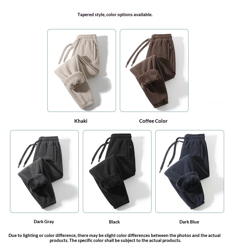 Pantalons de survêtement d’hiver décontractés pour hommes doublés en polaire, à coupe fuselée, avec doublure moelleuse aux chevilles, disponibles en kaki, café, gris foncé, noir et bleu marine.