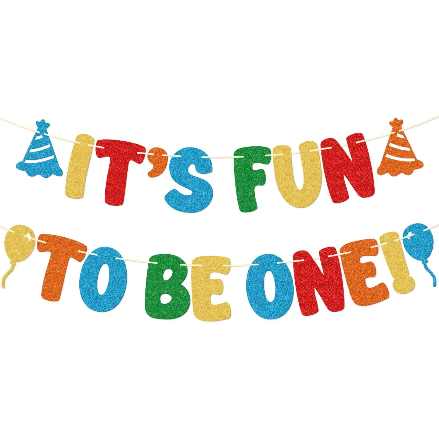 Bunt schimmernde Glitzer-Geburtstagsbanner-Partydekoration zum ersten Geburtstag mit einem farbenfrohen glitzernden Banner mit der Aufschrift „Es macht Spaß, eins zu sein“ in kräftigen mehrfarbigen Buchstaben sowie festlichen Partyhütchen- und Ballon-Ausschnitten.