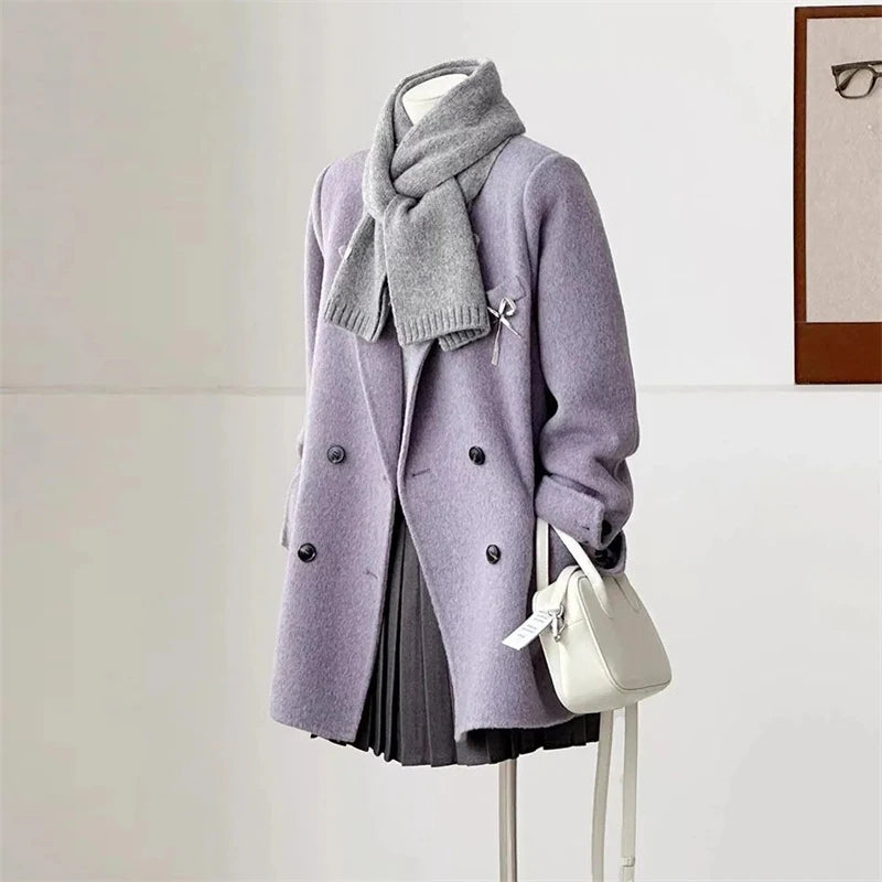 Women's Double-faced Woolen Coat Spring Autumn New Suit Collar Double Breasted Long Sleeve Temperament Commuting Purple Jacket