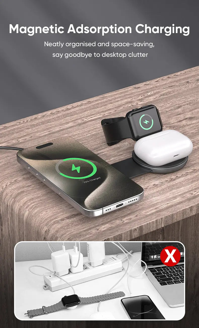 Black magnetic adsorption foldable 3-in-1 wireless charger with sleek curved design holding a smartphone apple watch and AirPods case.
