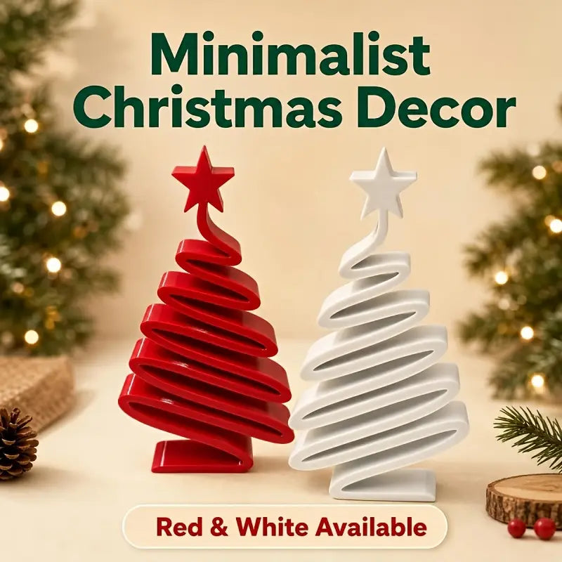 Rote und weiße minimalistische Spiralen-Keramik-Weihnachtsbaum-Desktopdekoration mit Sternaufsätzen.