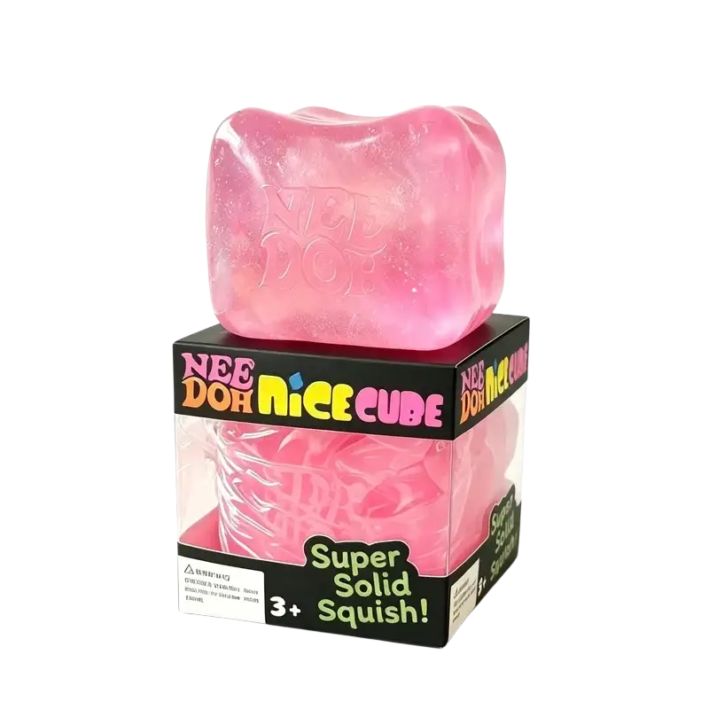 Nee doh nice big cube shape fidget toy in pink translucent gel with embossed nee doh logo viewed from the front