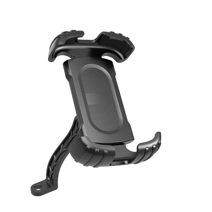 Support de téléphone pour vélo universel en plastique noir avec prise texturée et bras de serrage réglables, offrant une rotation à 360 degrés pour une utilisation moto sécurisée