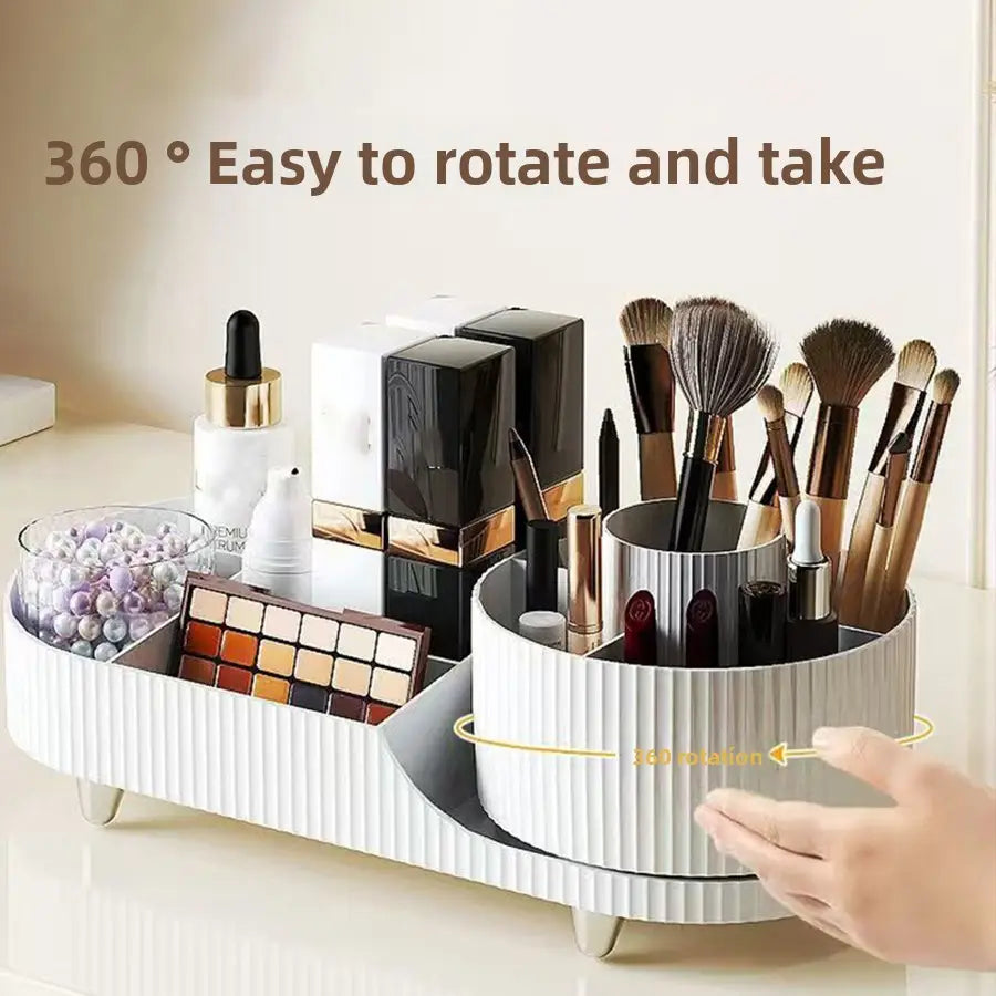 Weißer gerippter Dreh-Make-up-Organizer, Kosmetik-Display-Gehäuse im modernen Stil mit mehreren Fächern zur Aufbewahrung von Pinseln, Lippenstiften und Kosmetika, Aufbewahrungsbox.
