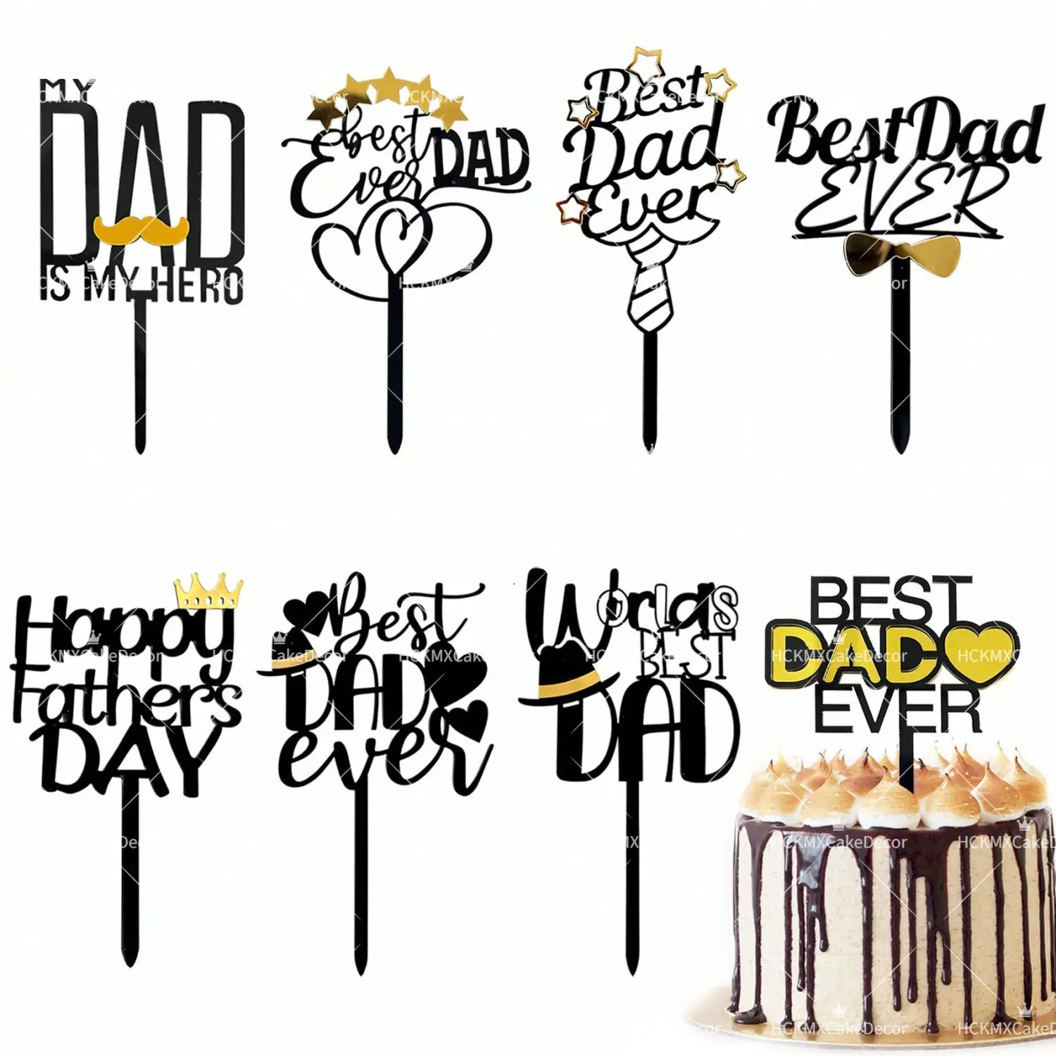 Black and gold best dad ever acrylic cake topper with decorative stars hearts and tie design for Father’s Day celebration.