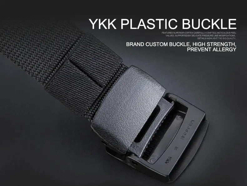 black ykk plastic buckle with textured surface and reinforced design on a tactical nylon belt with matte buckle for men outdoor use