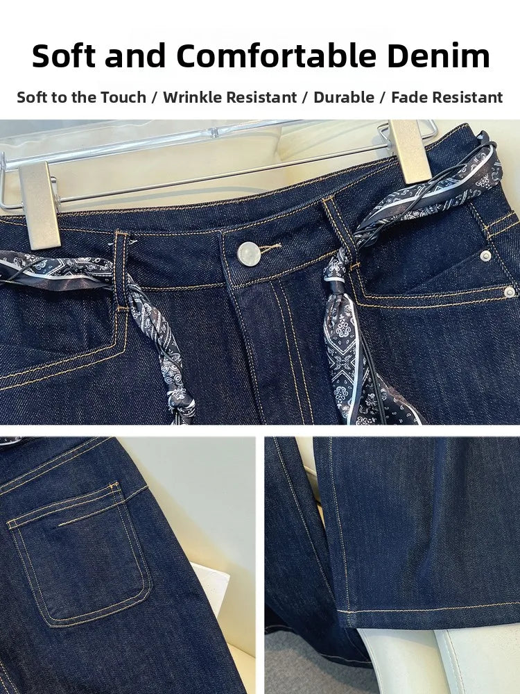 High-End Denim Blue Women's Jeans Straight Leg Wide Leg Pants with Silk Scarf Belt Retro Design Autumn New Style Casual Cotton