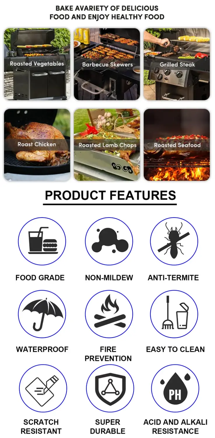 Outdoorkücheninsel und Grill-Set aus schwarzem Edelstahl mit mehreren Kochzonen und seitlichen Staubereichen für vielseitiges Outdoor-Kochen.