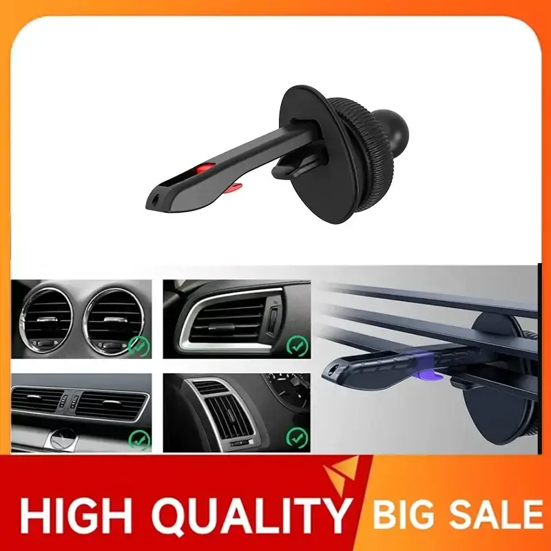 Black car air vent clip with textured grip and red accent button for 17mm ball head universal phone holder base