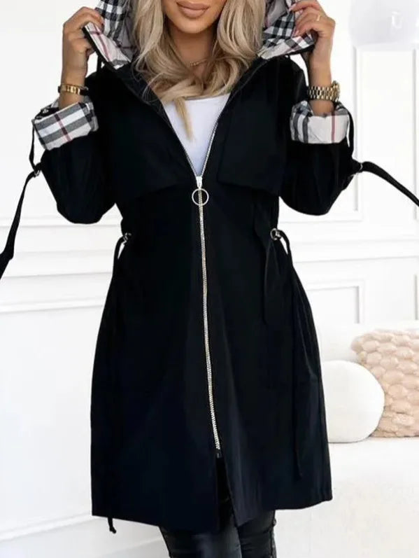 Fashion Trench Coat Woman Autumn Winter Solid Color Versatile Casual Street Style Cardigan Long-sleeved Hooded Plaid Outerwears