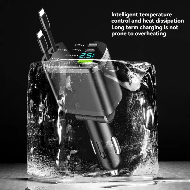 Black 5-in-1 fast retractable car charger with digital display multiple usb ports encased in ice to emphasize cooling technology.