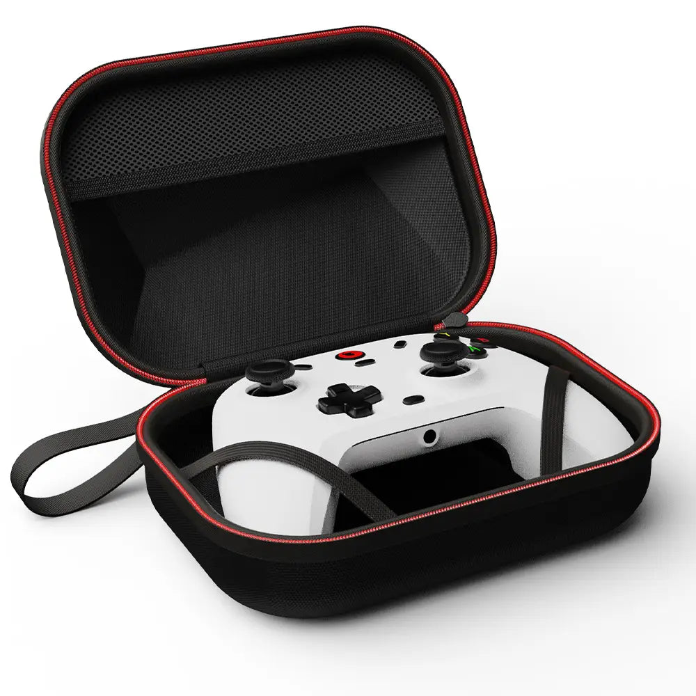 Black and red protective case from Gamesir G7 magnetic faceplate and accessories kit holding a white gaming controller with black buttons.