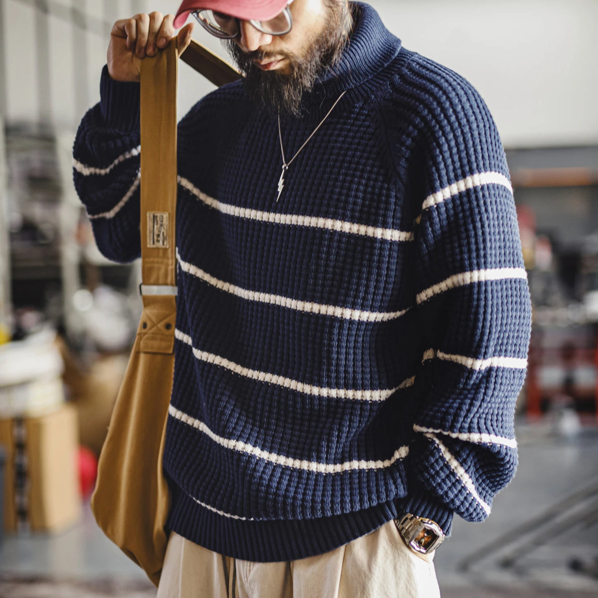 Maden Men’s Thick Turtleneck Knit Sweater Winter Warm Striped Pullover Retro Style Layering Soft Knitwear