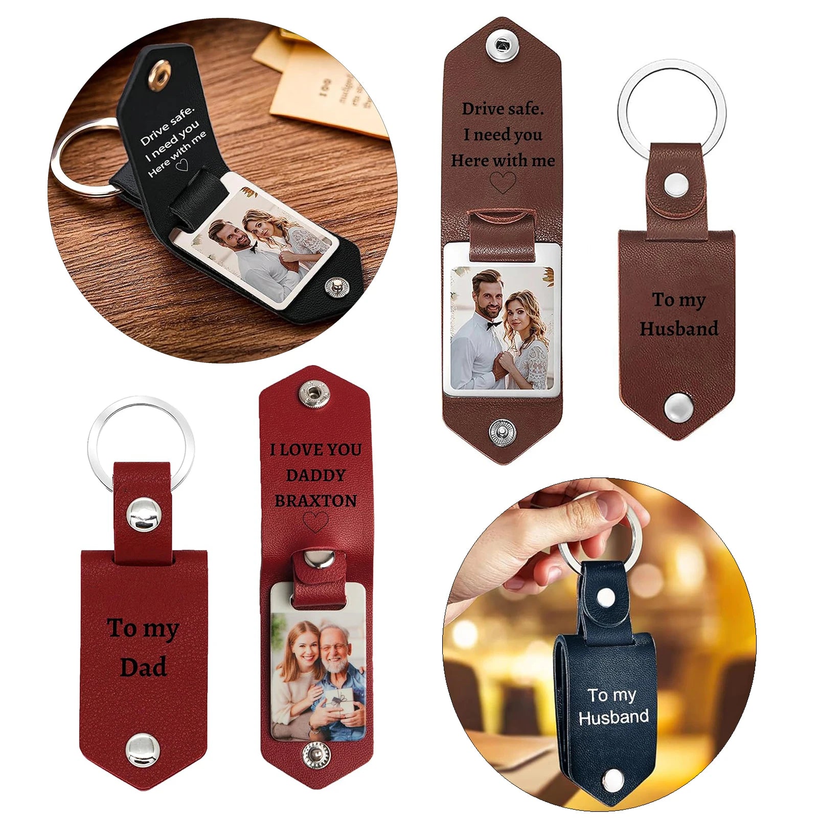Personalized Photo/Text Leather Keychain for Men Womens Custom Picture Key Chains Memorial Gifts for Family Lover Dropshipping