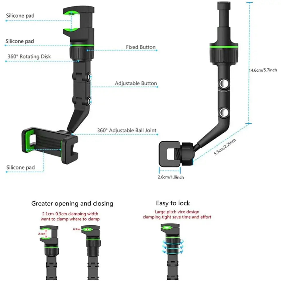 Black and green adjustable rearview mirror car phone holder with silicone pads for secure grip and 360 rotatable design.