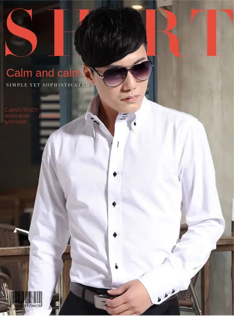 Men slim fit long sleeve white dress shirt with black diamond shaped buttons and subtle collar detailing.