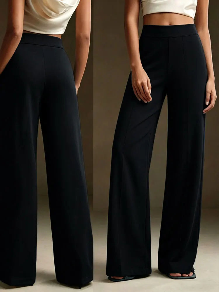 Womens Elegant High Waist Straight Leg Pants Office Commute Bottoms Minimalist Solid Color Front Seam Loose Wide Leg Trousers
