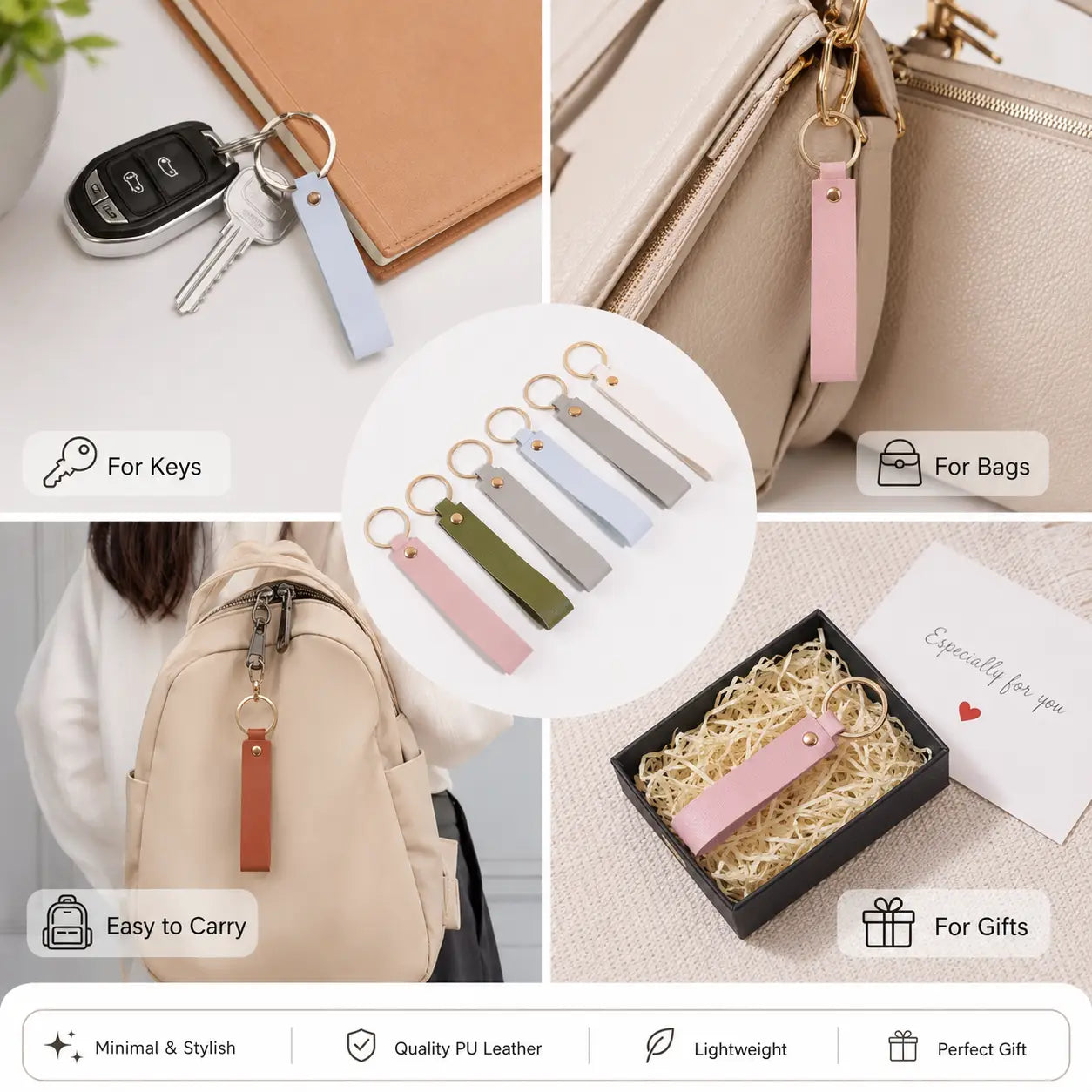 Custom name pink leather keychain in minimalist rectangular shape made of soft pastel pu leather with a sleek metal ring and rivet detail.