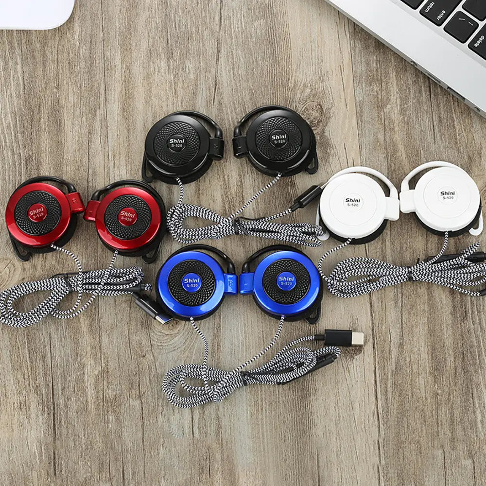 Set of colorful shini s-520 usb-c wired on-ear sports headphones with retractable braided gray-and-white cables in red, black, white, and blue.