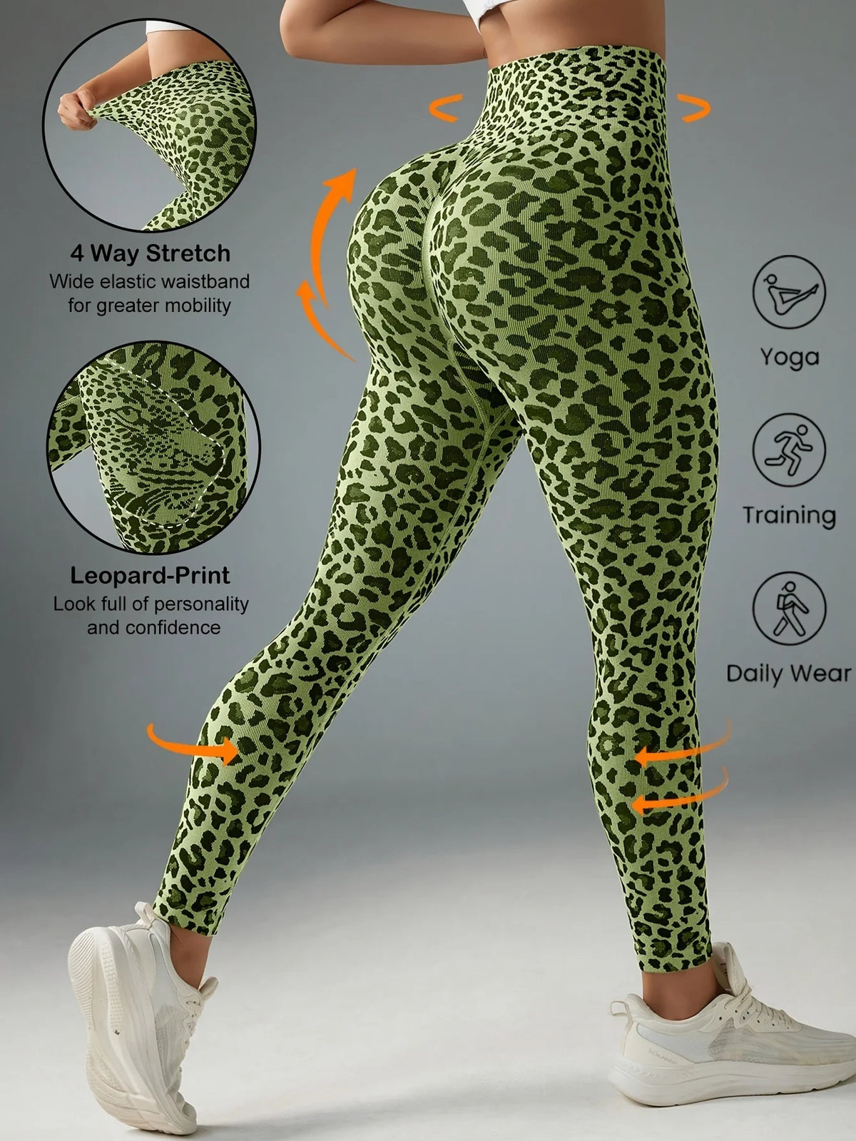 Women Green Leopard Print Fleece Lined Leggings Mid Waist Stretch Fitness Yoga Sports Pants