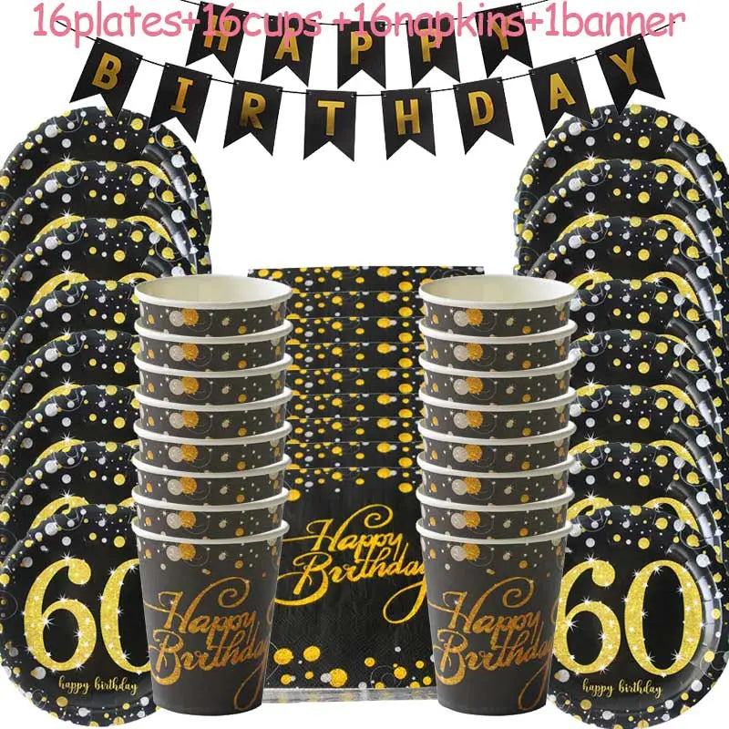 Tischgeschirr-Set in Schwarz und Gold mit schwarzen Papiertellern und -bechern, mit goldenen Glitzerpunkten und einem großen goldfarbenen Folien-Design „Happy Birthday“ mit der Zahl 60.
