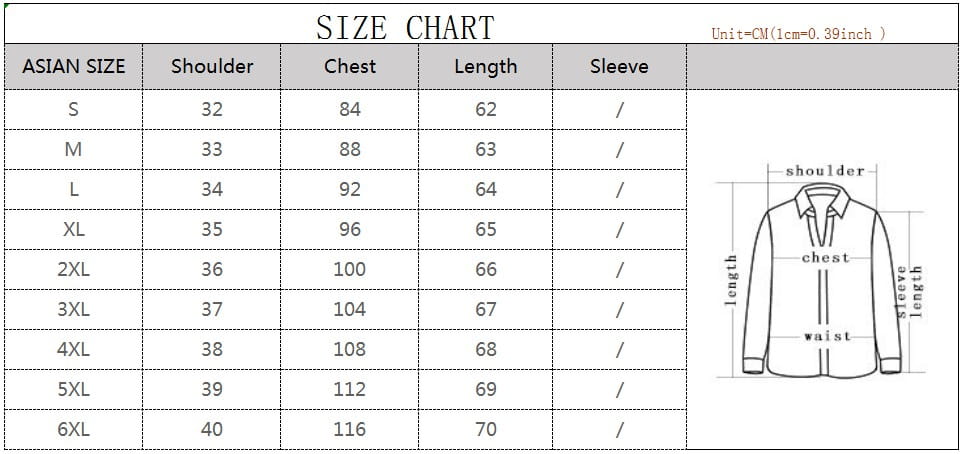 Asian size shirt sizing chart with measurements in centimeters for men slim fit suit vest formal business waistcoat.