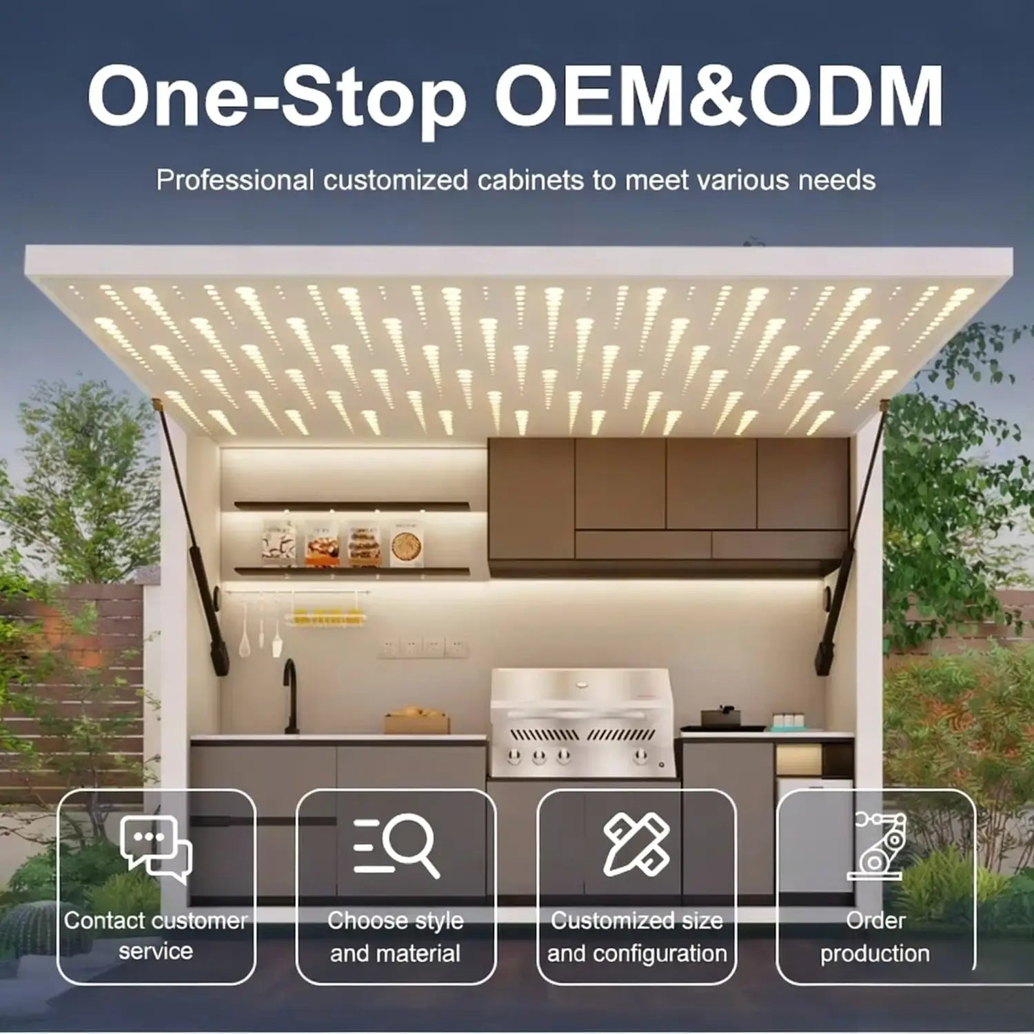 modern outdoor kitchen with sleek dark brown outdoor cabinet and white countertop in a modular kitchen outdoor cabinet set designed for customer service and functionality