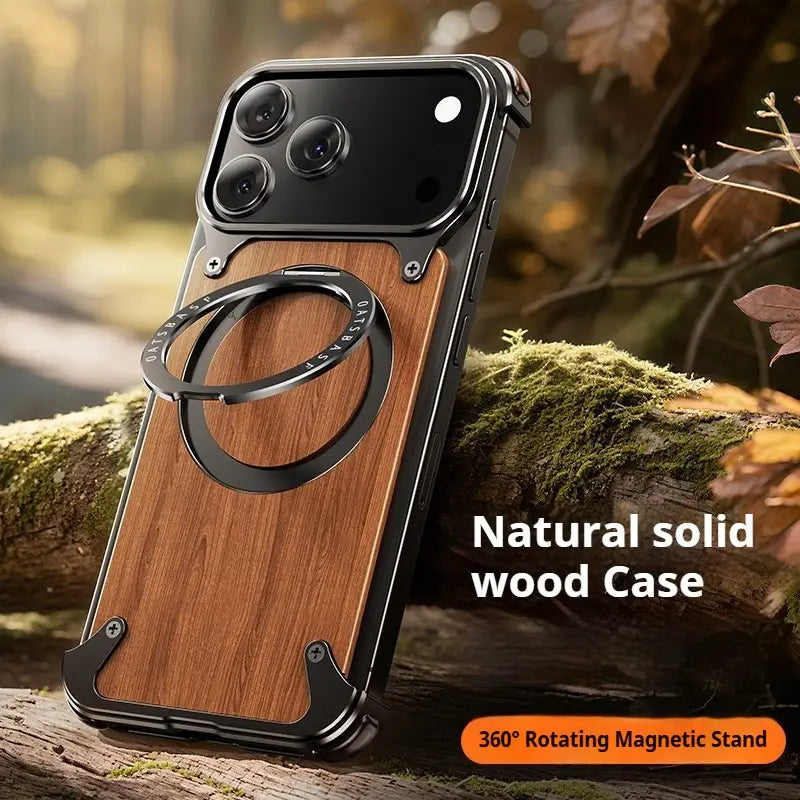 étui élégant pour iPhone en bois à aimant avec panneau en bois massif naturel et cadre métallique noir, comportant un anneau de support rotatif à 360° sur la partie arrière