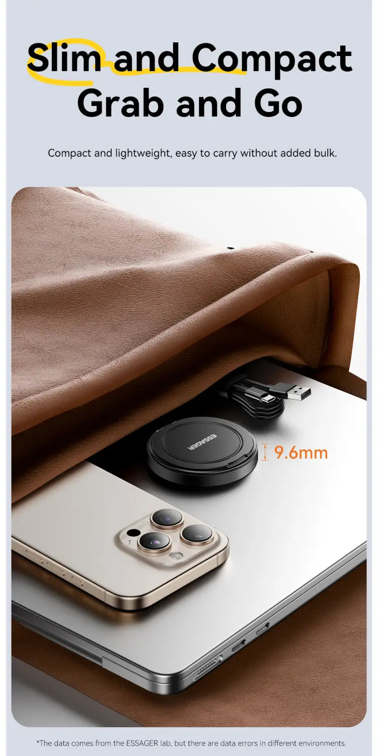 A sleek circular black wireless charging pad with minimalist design and essager brand name embossed on its surface for the essager magnetic 15w wireless charger stand.