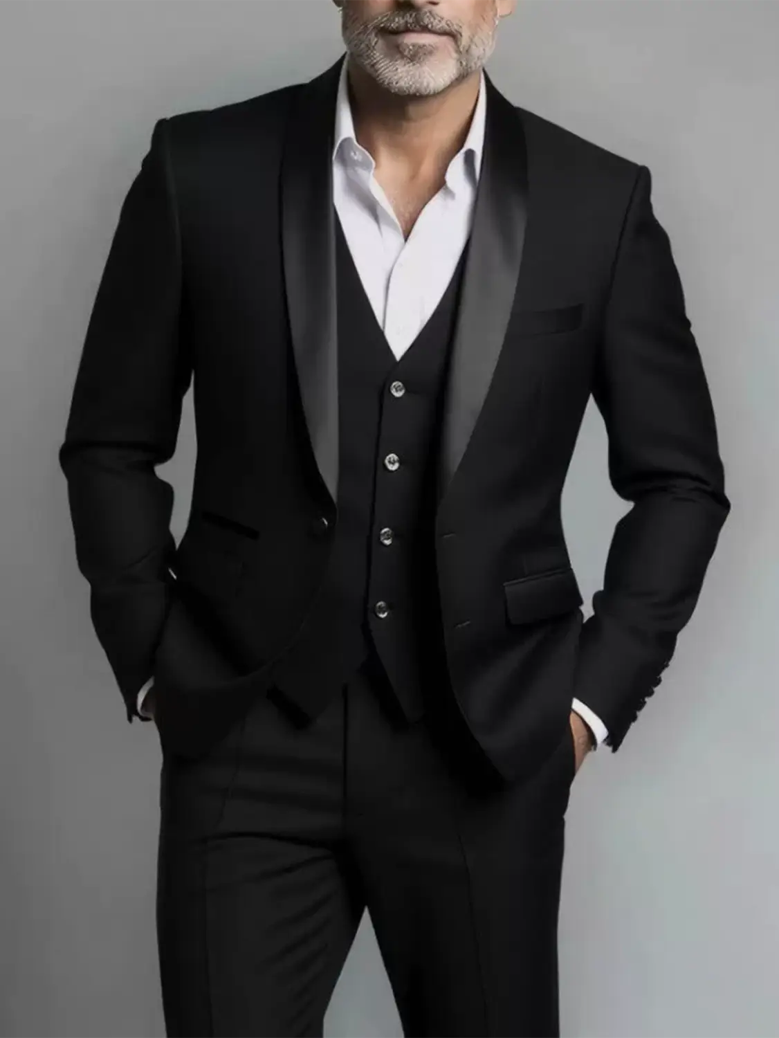 Herren schwarzer Slim-Fit-Anzug einreihiger Smoking mit maßgeschneidertem Design, Satin-Revers und passender Weste, einreihige Knopfverschlussart.