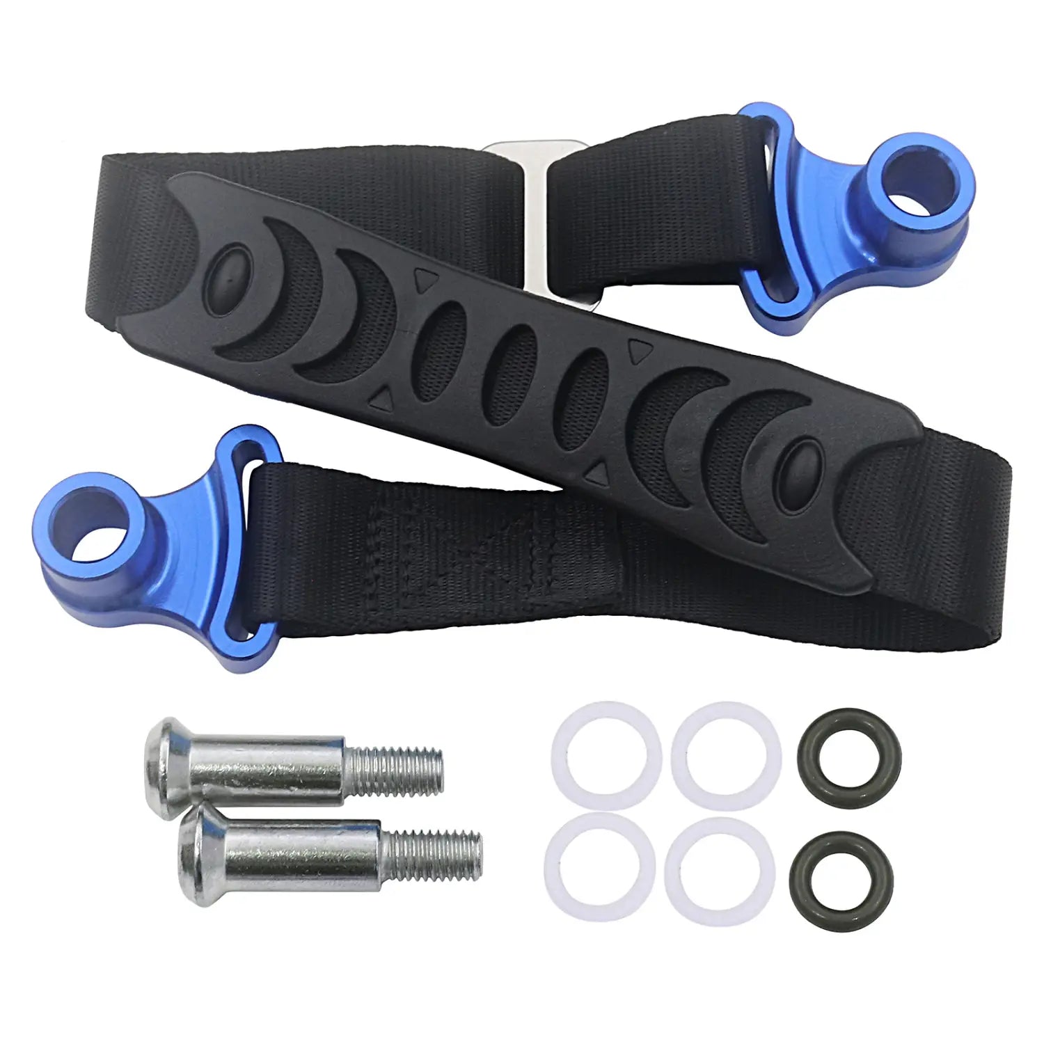 schwarzes Stoff-Gurtband für Dirtbike-Abschleppgurt-Set mit blauen Metallelementen an den Enden und silberner Schnalle für Vorder- und Rückholriemen