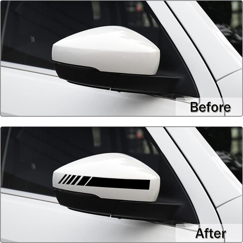 Miroir de rétroviseur arrière de voiture blanc avec un autocollant vinyle à rayure diagonale noire apposé sur la surface, dans un lot d’autocollants vinyle rayés pour rétroviseurs de voiture.