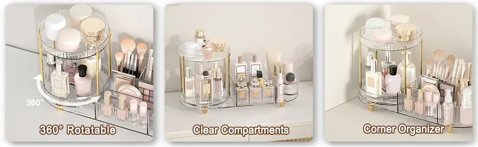 Plateau de rangement pour maquillage rotatif en acrylique transparent, présentant une conception à deux niveaux avec un cadre en métal de ton doré et des compartiments de rangement d’angle.