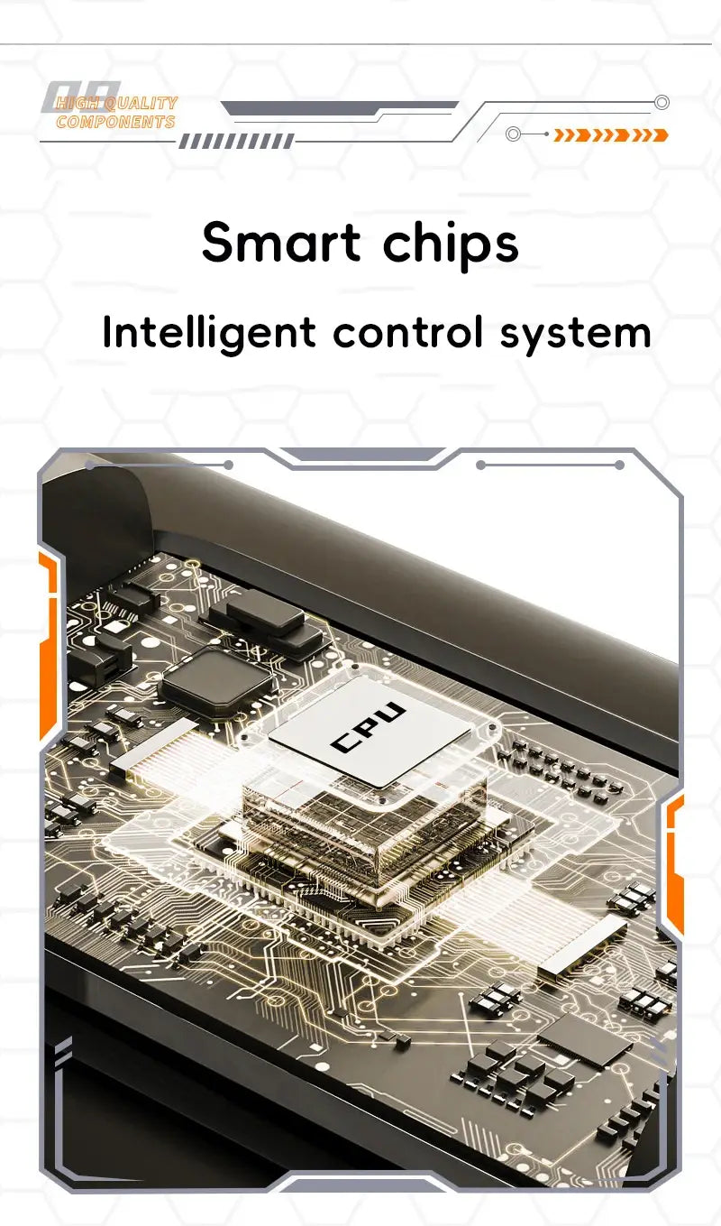 black circuit board of magnetic power bank 20000mah fast wireless charger featuring a central cpu chip with cpu engraving surrounded by gold-traced pathways highlighting power bank battery feature.